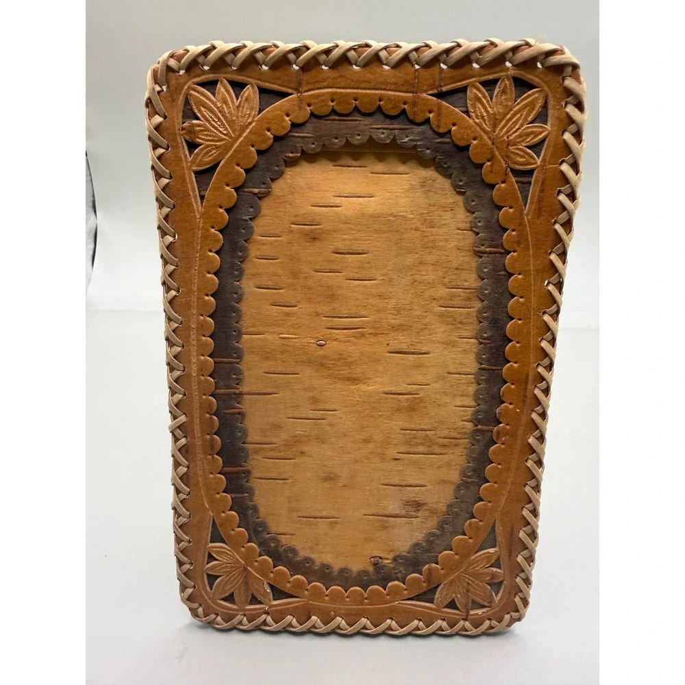 Vintage European MCM Birch Bark Photo Frame Hand Carved Floral 5.5x3.5 Rustic